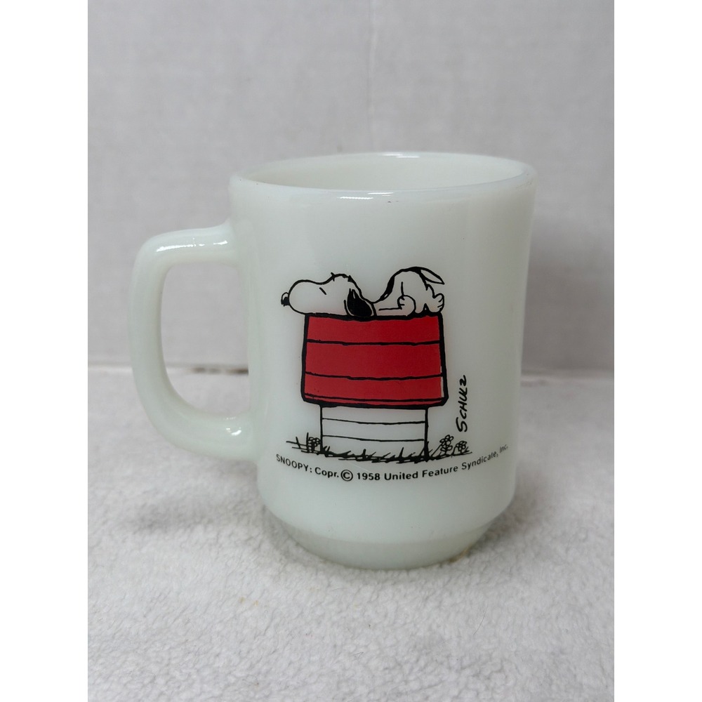 VTG 1958 FireKing Snoopy Mug Peanuts Allergic to Morning Milk Glass White Anchor